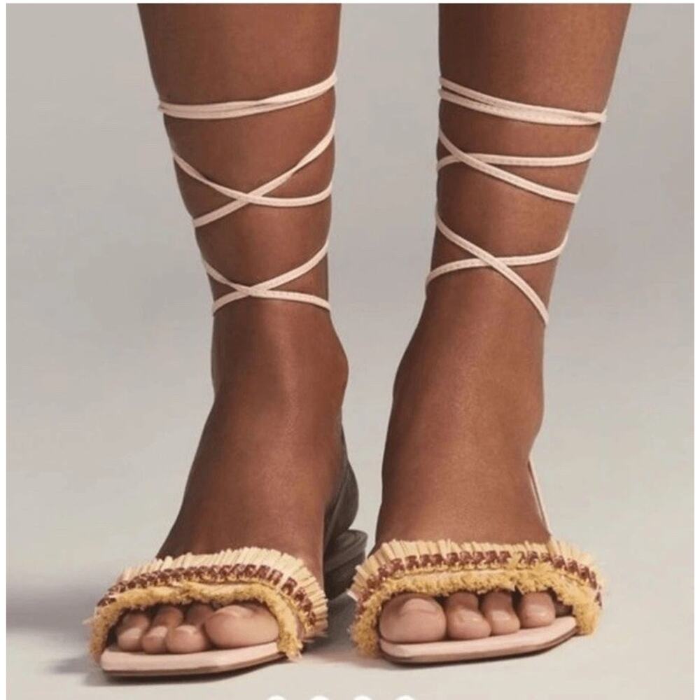 New Anthropologie Embellished Tie Up Raffia Jeweled Square Toe Sandals Size 7